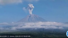 Gunung Semeru meletus dan menyemburkan kolom abu vulkanik yang membubung tinggi ke langit pada Selasa (19/5/2026). Foto: Ist.