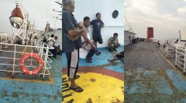 Terlihat sejumlah penumpang, sebagian besar sopir truk logistik, berkumpul dan beristirahat dengan wajah cemas menunggu kepastian waktu bersandar, sebelum akhirnya kapal tiba di Pelabuhan Panjang, Lampung, Selasa (19/5/2026).