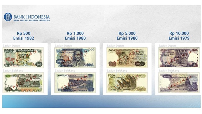 Tampilan sejumlah uang kertas Rupiah seri lama yang telah dicabut dari peredaran oleh Bank Indonesia, meliputi pecahan Rp500 emisi 1982, Rp1.000 dan Rp5.000 emisi 1980, serta Rp10.000 emisi 1979. Foto: Ist.
