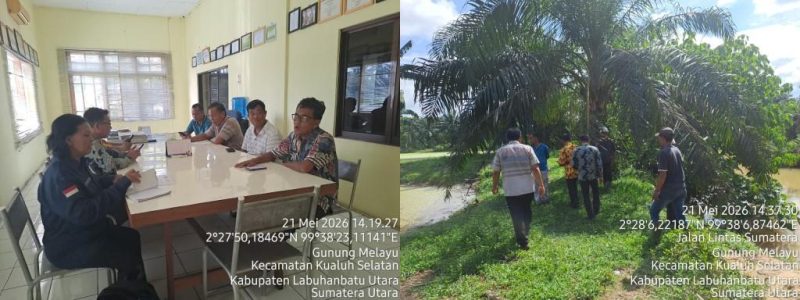 Tim Dinas Lingkungan Hidup (DLH) Kabupaten Labuhanbatu Utara melakukan pertemuan dan pengecekan langsung ke lokasi PT Kuala Intan Sawit Selatan (KISS) di Desa Damuli Kebun, Kecamatan Kualuh Selatan, Kamis (21/5/2026). Foto: GS