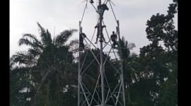 Aktivitas pekerja sedang merakit dan membangun menara telekomunikasi milik PT Protelindo di Desa Pulo Dogom, Kecamatan Kualuh Hulu, Kabupaten Labuhanbatu Utara, Selasa (12/5/2026). Foto: Ist.