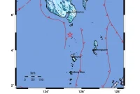 Peta sebaran guncangan gempa (ShakeMap) dari BMKG menunjukkan lokasi episenter gempa berkekuatan Magnitudo 5,6 yang terjadi pada Kamis (11/6/2026) pukul 14.33 WIB, berada di koordinat 4,87 LU dan 125,35 BT, tepatnya di laut sejauh 140 km arah barat laut Tahuna, Kabupaten Kepulauan Sangihe, Sulawesi Utara, dengan kedalaman hanya 10 km. Foto: BMKG