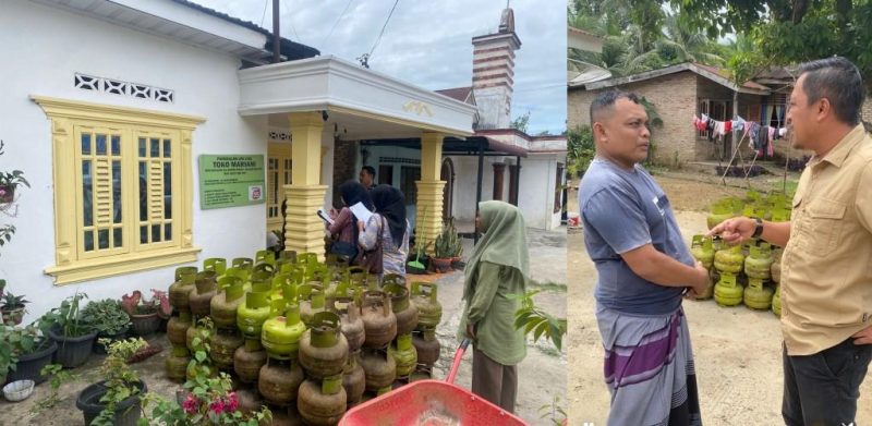 (Kiri) Kondisi stok tabung gas elpiji 3 kilogram di salah satu pangkalan penyalur di Kabupaten Labuhanbatu Utara, Kamis (4/6/2026). (Kanan) Kabag Ekonomi saat sidak ke Pangkalan yang menjual diatas harga HET. Foto: GS