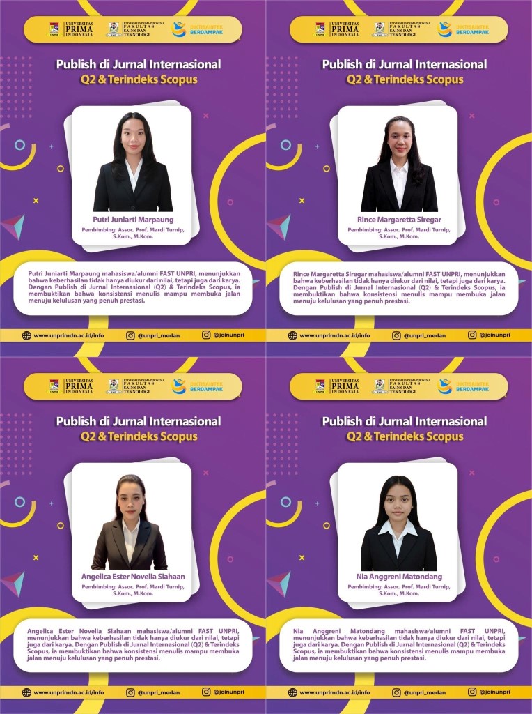 Empat mahasiswi Fakultas Sains dan Teknologi Universitas Prima Indonesia (FAST UNPRI) Medan, yaitu Putri Juniarti Marpaung, Rince Margaretta Siregar, Angelica Ester Novelia Siahaan, dan Nia Anggreni Matondang, berfoto dalam poster penghargaan atas keberhasilan mereka mempublikasikan karya ilmiah di jurnal internasional bereputasi Q2 yang terindeks Scopus. Keberhasilan ini diraih di bawah bimbingan Assoc. Prof. Mardi Turnip, sekaligus menjadi bukti nyata efektivitas kebijakan jalur kelulusan berbasis publikasi ilmiah yang diterapkan kampus. Foto: Ist.