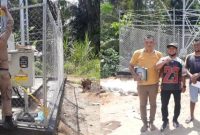 Petugas Satpol PP dan DPMPTSP Kabupaten Labuhanbatu Utara melakukan penyegelan menara telekomunikasi milik PT Protelindo di Desa Pulo Dogom, Kecamatan Kualuh Hulu, Jumat (5/6/2026). Foto: GS