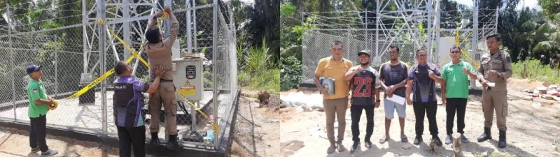 Petugas Satpol PP dan DPMPTSP Kabupaten Labuhanbatu Utara melakukan penyegelan menara telekomunikasi milik PT Protelindo di Desa Pulo Dogom, Kecamatan Kualuh Hulu, Jumat (5/6/2026). Foto: GS