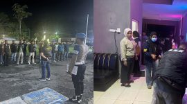 (Kiri) Personel gabungan Polres Labuhanbatu dan BNNK Labura berkumpul sebelum berangkat melaksanakan razia di sejumlah tempat hiburan malam di Jalan H. Adam Malik, Kecamatan Rantau Selatan, Senin (1/6/2026) malam. (Kanan) Tim gabungan melakukan pemeriksaan mendalam di dalam salah satu lokasi hiburan, guna memastikan tidak ada peredaran maupun penggunaan narkoba, sekaligus menegakkan aturan dalam rangka Operasi Antik Toba 2026. Foto: GS