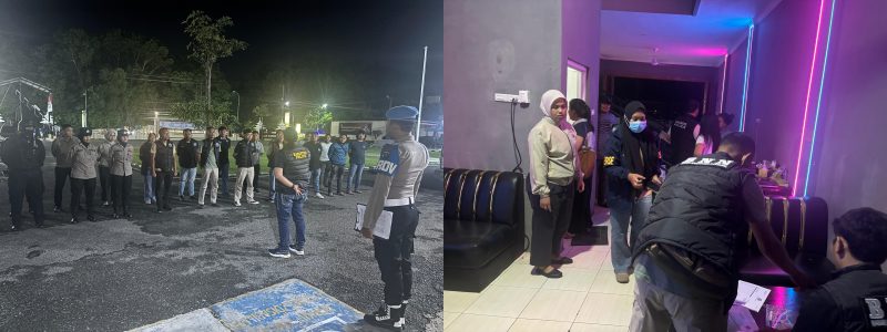 (Kiri) Personel gabungan Polres Labuhanbatu dan BNNK Labura berkumpul sebelum berangkat melaksanakan razia di sejumlah tempat hiburan malam di Jalan H. Adam Malik, Kecamatan Rantau Selatan, Senin (1/6/2026) malam. (Kanan) Tim gabungan melakukan pemeriksaan mendalam di dalam salah satu lokasi hiburan, guna memastikan tidak ada peredaran maupun penggunaan narkoba, sekaligus menegakkan aturan dalam rangka Operasi Antik Toba 2026. Foto: GS