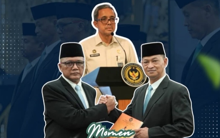 Momen serah terima jabatan Kepala Kantor Wilayah Direktorat Jenderal Pemasyarakatan (Kanwil Ditjenpas) Sumatera Utara antara Yudi Suseno (kiri) kepada Jalu Yuswa Panjang (kanan), usai pelantikan dan pengambilan sumpah di Gedung Kementerian Imigrasi dan Pemasyarakatan, Jakarta, Senin (8/6/2026). Foto: Ist.