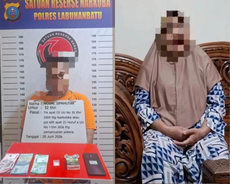 Noval Sipahutar Alias NS Tersangka Narkotika (kiri), Ibu Evi Manik Wanita Tangguh Viralkan Barak Narkoba (kanan). Foto: GS