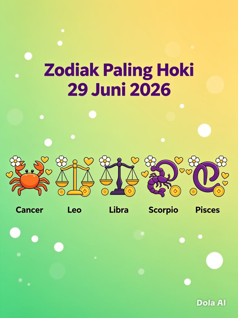 Ilustrasi simbol-simbol zodiak dengan latar bernuansa cerah dan positif, menggambarkan energi keberuntungan yang menyertai lima zodiak paling hoki pada 29 Juni 2026, baik dalam urusan pekerjaan, keuangan, maupun hubungan pribadi. Foto: AI.