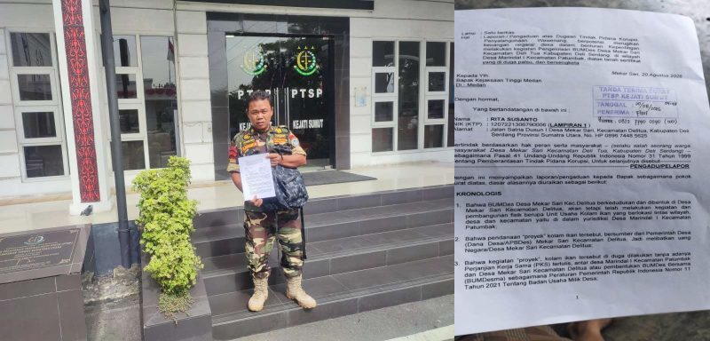 Pengaduan dugaan korupsi pengelolaan BUMDes Mekar Sari ke Pelayanan Terpadu Satu Pintu Kejaksaan Tinggi Sumatera Utara, Rabu (20/8/2026). Laporan menyoroti proyek kolam ikan lintas wilayah tanpa izin, lahan bersengketa, serta dugaan penyalahgunaan anggaran desa. Foto: Hendra.
