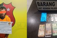 Tersangka Kasim alias Kosim (kiri), residivis peredaran sabu yang diamankan Polsek Kualuh Hulu, Kamis (20/8/2026), beserta barang bukti (kanan) berisi sabu 0,35 gram, timbangan elektrik, plastik klip kosong, alat sedot, HP Oppo biru, dan uang tunai Rp420 ribu. Tersangka mengaku memperoleh barang dari seseorang bernama Kiki yang kini masih diburu. Foto: GS.