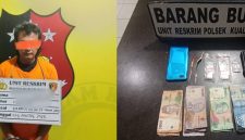 Tersangka Kasim alias Kosim (kiri), residivis peredaran sabu yang diamankan Polsek Kualuh Hulu, Kamis (20/8/2026), beserta barang bukti (kanan) berisi sabu 0,35 gram, timbangan elektrik, plastik klip kosong, alat sedot, HP Oppo biru, dan uang tunai Rp420 ribu. Tersangka mengaku memperoleh barang dari seseorang bernama Kiki yang kini masih diburu. Foto: GS.