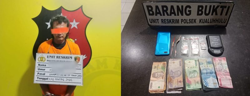 Tersangka Kasim alias Kosim (kiri), residivis peredaran sabu yang diamankan Polsek Kualuh Hulu, Kamis (20/8/2026), beserta barang bukti (kanan) berisi sabu 0,35 gram, timbangan elektrik, plastik klip kosong, alat sedot, HP Oppo biru, dan uang tunai Rp420 ribu. Tersangka mengaku memperoleh barang dari seseorang bernama Kiki yang kini masih diburu. Foto: GS.