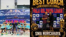 Kiri — Skuad SMA Nurcahaya berfoto bersama dengan penuh kebanggaan usai meraih kemenangan di Piala Gol Mania League 2026. Tim ini berhasil memborong empat gelar sekaligus: Juara 1, Top Skor, Pelatih Terbaik, dan Tim Terbaik. Kanan — Pelatih Mohan Raj menerima penghargaan sebagai Pelatih Terbaik kategori SMA dalam ajang Gol Mania League 2026. Foto: Hendra.