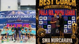 Kiri — Skuad SMA Nurcahaya berfoto bersama dengan penuh kebanggaan usai meraih kemenangan di Piala Gol Mania League 2026. Tim ini berhasil memborong empat gelar sekaligus: Juara 1, Top Skor, Pelatih Terbaik, dan Tim Terbaik. Kanan — Pelatih Mohan Raj menerima penghargaan sebagai Pelatih Terbaik kategori SMA dalam ajang Gol Mania League 2026. Foto: Hendra.