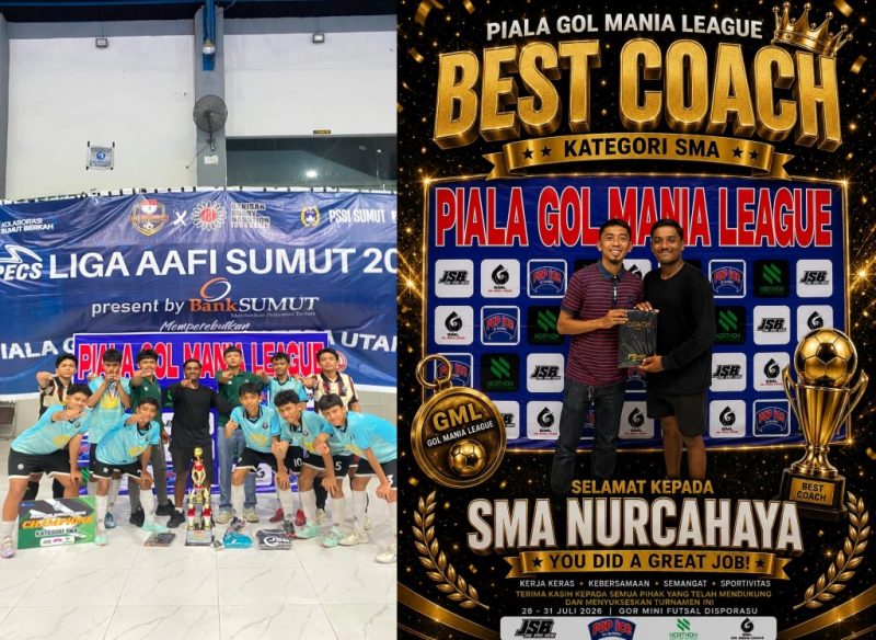 Kiri — Skuad SMA Nurcahaya berfoto bersama dengan penuh kebanggaan usai meraih kemenangan di Piala Gol Mania League 2026. Tim ini berhasil memborong empat gelar sekaligus: Juara 1, Top Skor, Pelatih Terbaik, dan Tim Terbaik. Kanan — Pelatih Mohan Raj menerima penghargaan sebagai Pelatih Terbaik kategori SMA dalam ajang Gol Mania League 2026. Foto: Hendra.