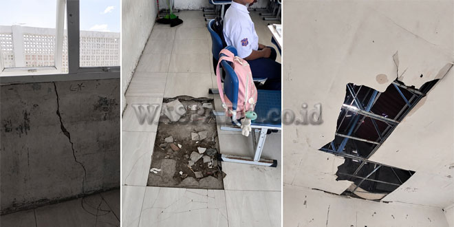 Kondisi ruang belajar di SMP Negeri 39 Medan yang memperlihatkan kerusakan bangunan, mulai dari retakan dinding, lantai yang berlubang hingga plafon yang runtuh dan membahayakan siswa. Kondisi inilah yang disoroti Anggota DPRD Medan Tia Ayu Anggraini agar segera dibenahi oleh Pemerintah Kota Medan demi kenyamanan dan keselamatan proses belajar mengajar. Foto: waspada.co.id