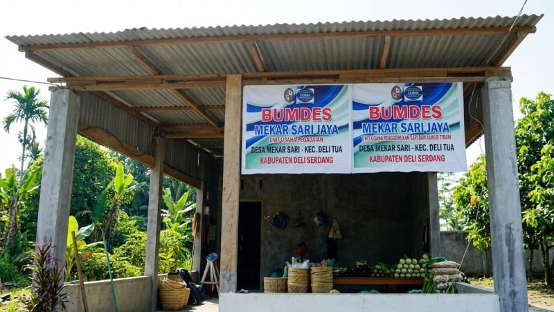Kantor dan unit usaha BUMDes Mekar Sari Jaya di Desa Mekar Sari, Kecamatan Deli Tua, Kabupaten Deli Serdang, yang kini menjadi sorotan terkait dugaan pendirian di atas lahan sengketa, kejanggalan dokumen, serta penggunaan Dana Desa yang mendesak diaudit. Foto: Hendra.