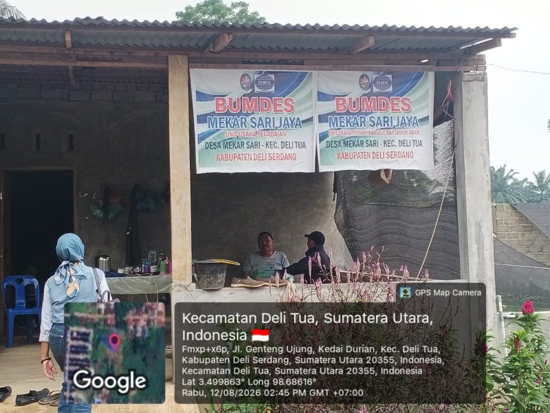 Kantor atau unit usaha BUMDes Mekar Sari Jaya yang terpasang spanduk bertuliskan Desa Mekar Sari, Kecamatan Deli Tua, Kabupaten Deli Serdang. Meski tertulis beralamat di Deli Tua, penguasaan lahannya justru berada di wilayah Desa Marindal I, Kecamatan Patumbak, dan diduga sedang bersengketa dengan ahli waris pemilik tanah yang dilarang mengelola tanah milik leluhurnya sendiri. Foto: Hendra.