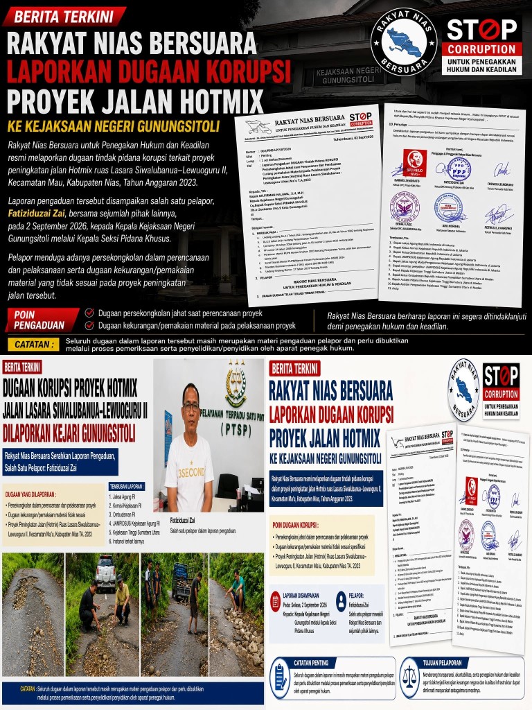 Infografis pengaduan dari organisasi Rakyat Nias Bersuara yang melaporkan dugaan korupsi proyek peningkatan jalan Hotmix ruas Lasara Siwalubanua–Lewuoguru II, Kecamatan Mau, Kabupaten Nias TA 2023 kepada Kejaksaan Negeri Gunungsitoli. Foto: Ist.