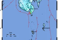 Peta lokasi gempa Magnitudo 5,8 yang mengguncang wilayah Tahuna, Kepulauan Sangihe, Sulawesi Utara, Kamis (8/10/2026) pukul 15.07 WIB. Kedalaman 10 km, BMKG pastikan tidak berpotensi tsunami. Foto: BMKG