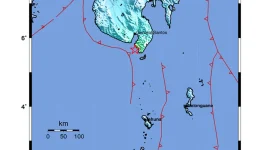Peta lokasi gempa Magnitudo 5,8 yang mengguncang wilayah Tahuna, Kepulauan Sangihe, Sulawesi Utara, Kamis (8/10/2026) pukul 15.07 WIB. Kedalaman 10 km, BMKG pastikan tidak berpotensi tsunami. Foto: BMKG