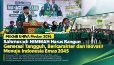 Ketua PC HIMMAH Kota Medan Sahmurad menyampaikan pesan kepada mahasiswa baru dalam PKKMB UNIVA Medan 2026, mengajak bangun karakter, jauhi narkoba, jaga Kamtibmas, dan siap hadirkan solusi menuju Indonesia Emas 2045. Foto: Ist.