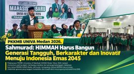 Ketua PC HIMMAH Kota Medan Sahmurad menyampaikan pesan kepada mahasiswa baru dalam PKKMB UNIVA Medan 2026, mengajak bangun karakter, jauhi narkoba, jaga Kamtibmas, dan siap hadirkan solusi menuju Indonesia Emas 2045. Foto: Ist.