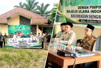 Usai Musda IV MUI Sungaikanan, peserta berfoto bersama di halaman kantornya (foto kiri). Ketua terpilih MUI Sungaikanan H Muhammad Romali Siregar (kanan), Kepala KUA Sungaikanan Muhammad Dani Butar-Butar, Ketua MUI Labusel Makmur Ismail Harahap dan Sekretris Umum MUI Labusel athoriq Mustaqim Tambak saat pembukaan Musda IV. Foto: dok-mui-sungaikanan
