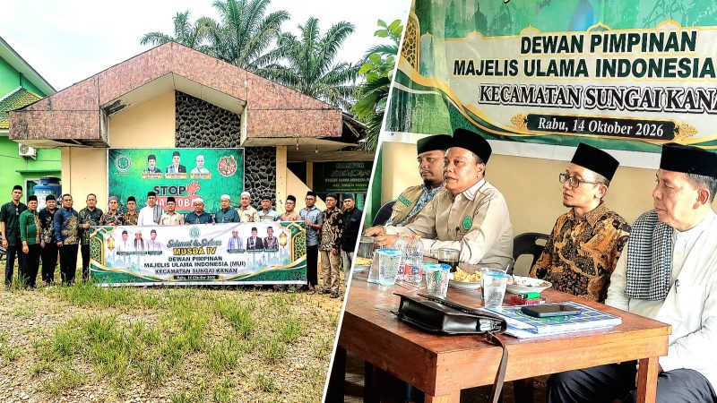 Usai Musda IV MUI Sungaikanan, peserta berfoto bersama di halaman kantornya (foto kiri). Ketua terpilih MUI Sungaikanan H Muhammad Romali Siregar (kanan), Kepala KUA Sungaikanan Muhammad Dani Butar-Butar, Ketua MUI Labusel Makmur Ismail Harahap dan Sekretris Umum MUI Labusel athoriq Mustaqim Tambak saat pembukaan Musda IV. Foto: dok-mui-sungaikanan