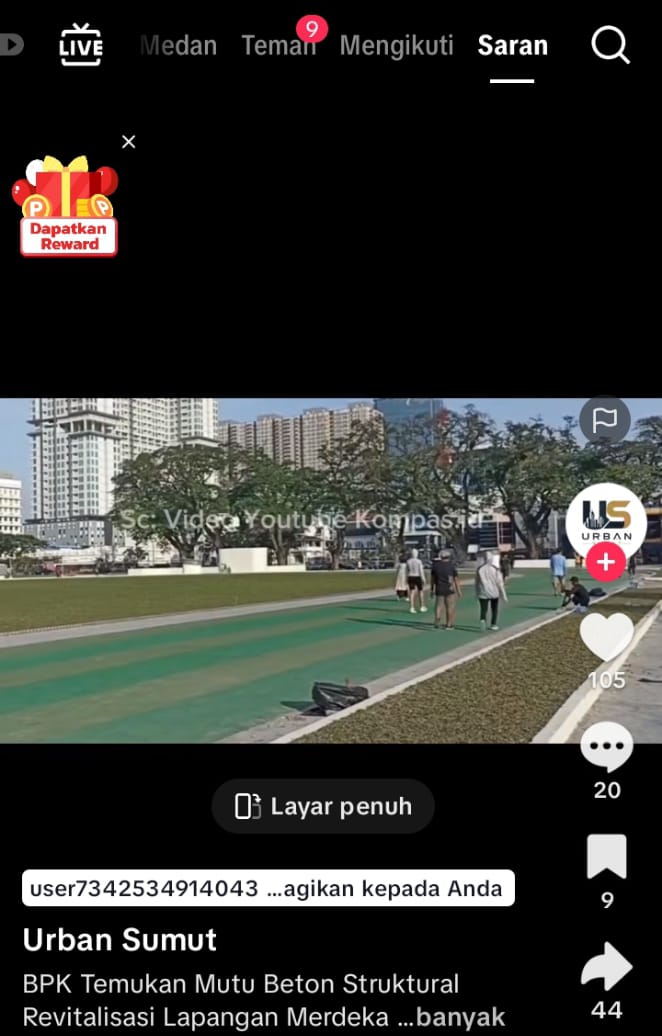 Tangkapan layar unggahan akun TikTok Urban Sumut yang menyoroti temuan BPK terkait ketidaksesuaian mutu beton struktural dalam proyek Revitalisasi Kawasan Lapangan Merdeka Medan senilai Rp27,83 miliar. (Foto: Tangkapan layar TikTok Urban Sumut)